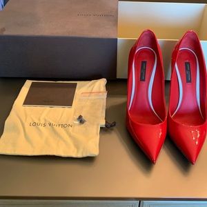 Louis Vuitton Red Patent Leather Pumps/Gold Trim.